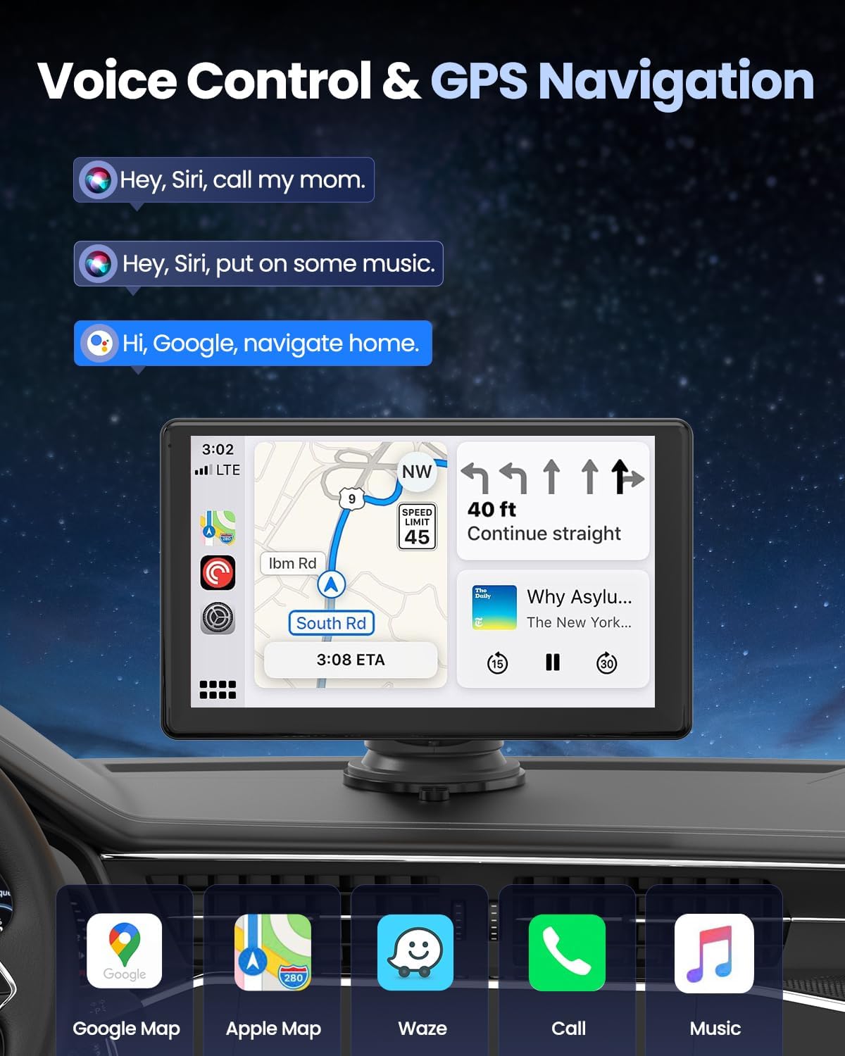 VyKure Portable Carplay Screen for Car 5K Dash Cam, 9" Wireless CarPlay & Android Auto Car Audio Receivers with 1080p Backup Camera, Bluetooth/GPS Navigation/Voice Control/Mirror Link (Black) - Image 2