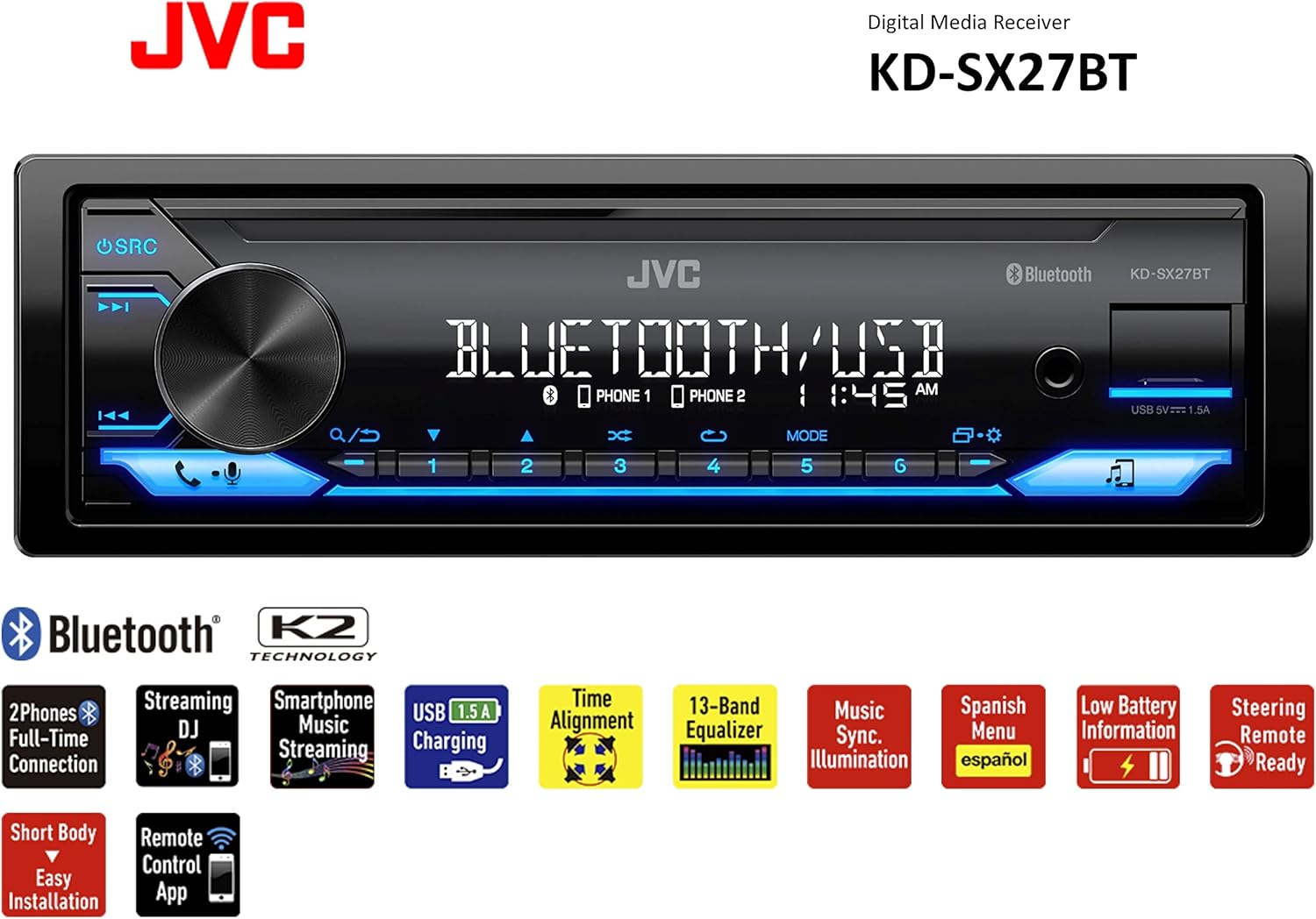 JVC KD-SX27BT Car Stereo with Bluetooth, 100W Digital Media Receiver, 1.5A USB to Charge Devices, Single DIN Head Unit, AM/FM, Aux-in, JVC Remote App - Image 2