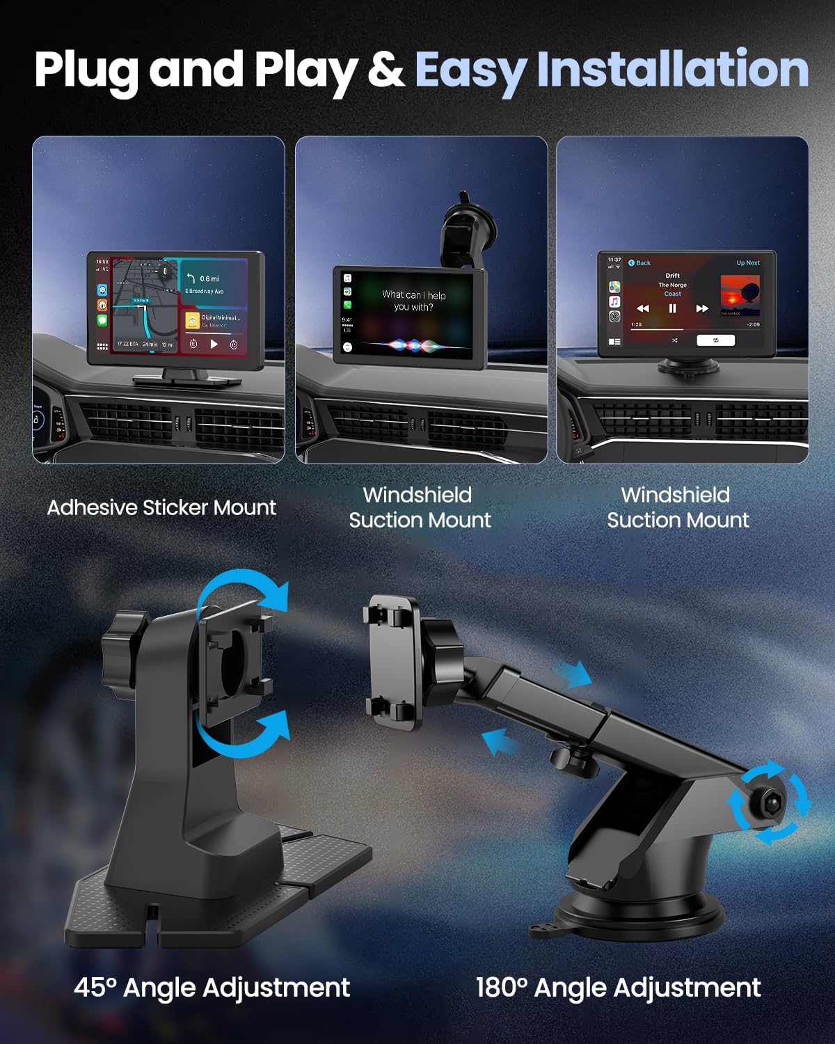 VyKure Portable Carplay Screen for Car 5K Dash Cam, 9" Wireless CarPlay & Android Auto Car Audio Receivers with 1080p Backup Camera, Bluetooth/GPS Navigation/Voice Control/Mirror Link (Black) - Image 5