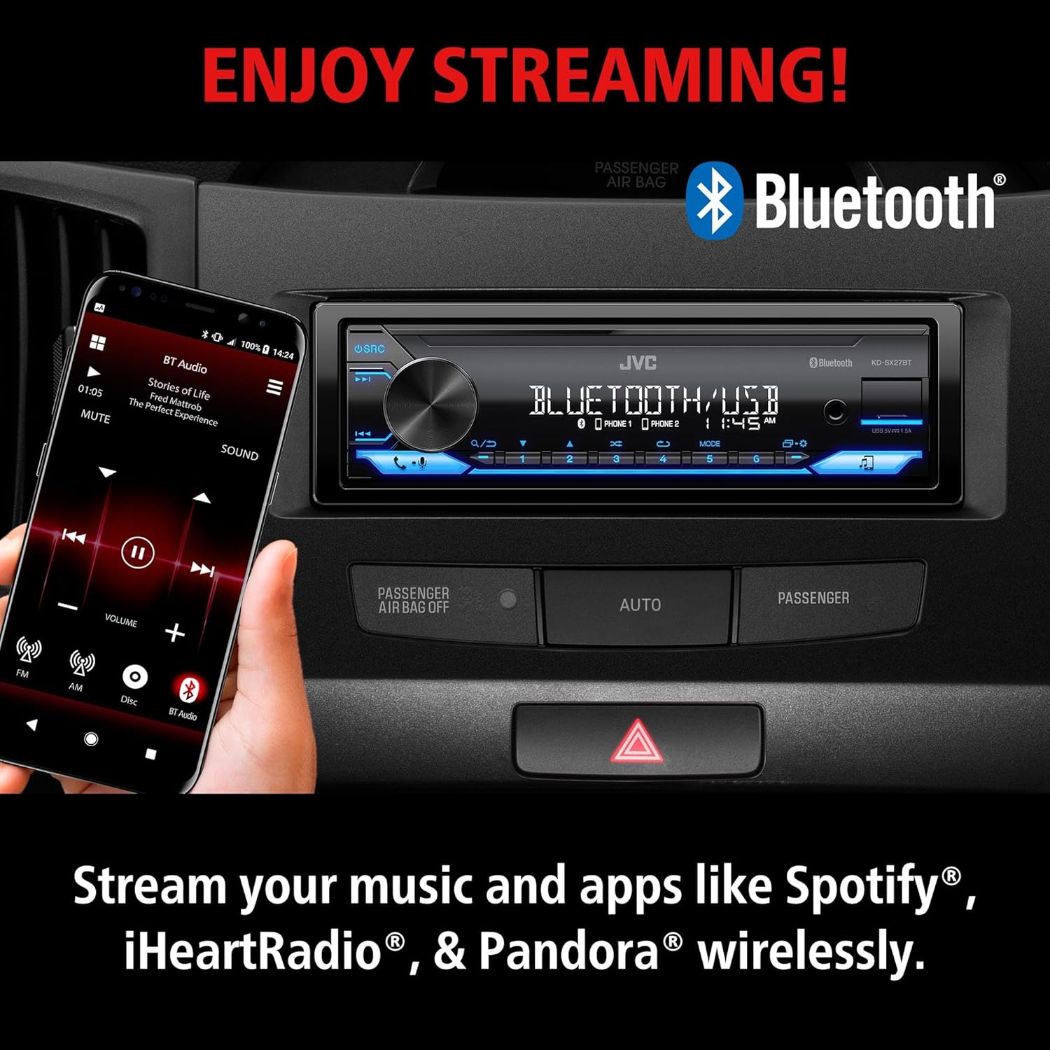 JVC KD-SX27BT Car Stereo with Bluetooth, 100W Digital Media Receiver, 1.5A USB to Charge Devices, Single DIN Head Unit, AM/FM, Aux-in, JVC Remote App - Image 5