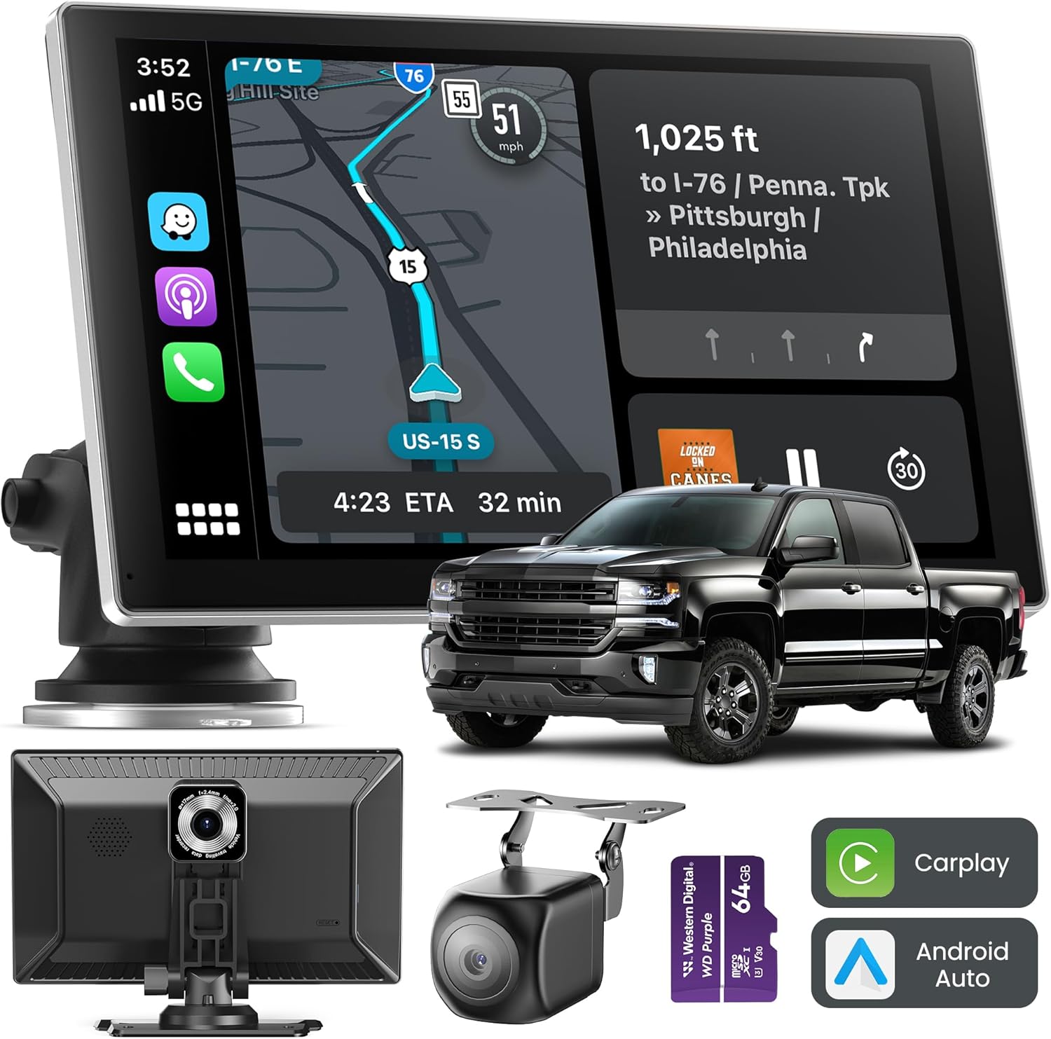 Carplay Screen for Car, 9" Portable Wireless Carplay&Android Auto, 4K Dash Cam,1080P Backup Camera, Car Stereo Audio Receivers for Car, GPS Navigation Mirror Link, Bluetooth,FM, Siri