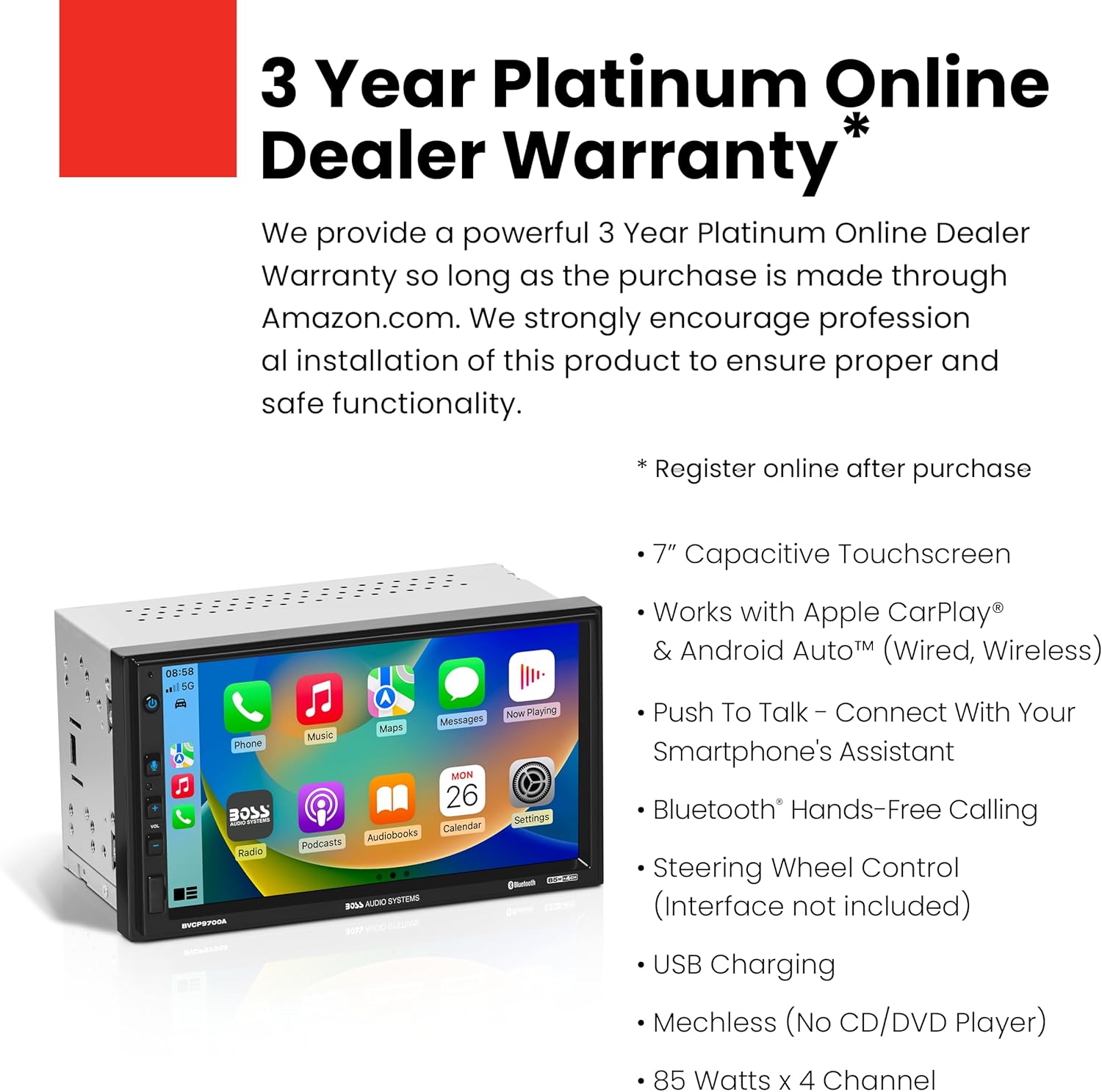 BOSS Audio Systems BVCP9700A Car Stereo - Apple CarPlay, Android Auto, Double Din, 7 Inch Touchscreen, Bluetooth, No CD DVD Player, AM/FM Radio Receiver - Image 2